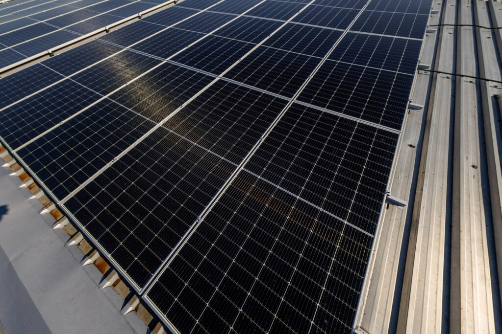 solar panels on rooftop installation for clean renewable energy on building roof